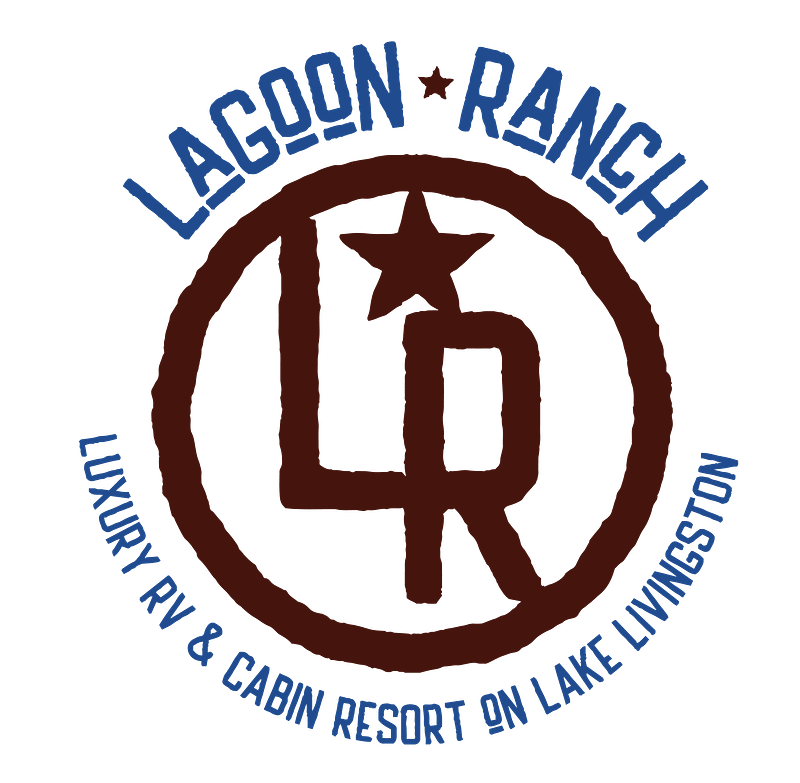 Circular logo with "Lagoon Ranch" at the top, "Luxury RV & Cabin Resort on Lake Livingston" at the bottom, and a stylized "LR" with a star in the center. Text is in blue and brown on a white background.