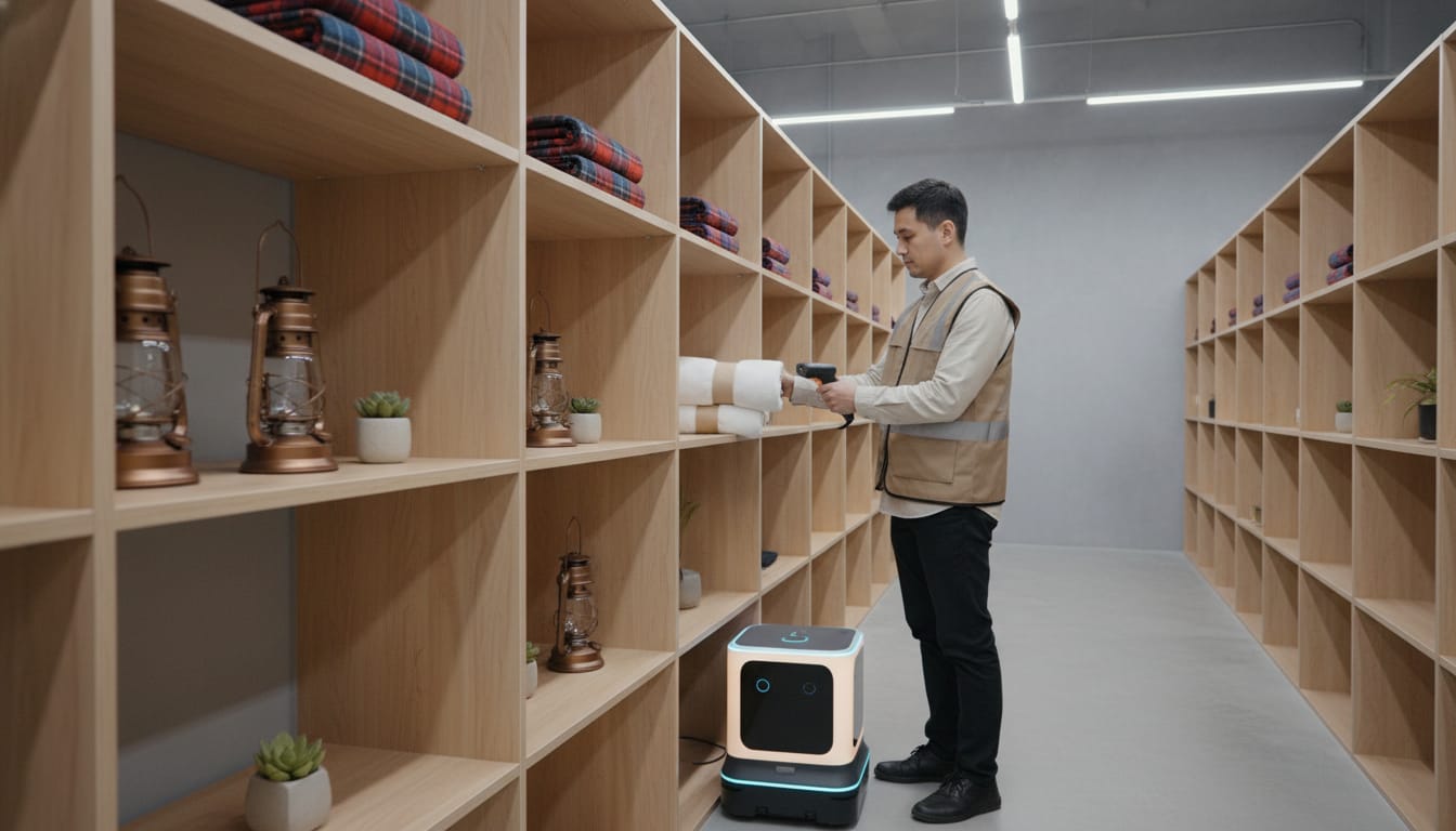 Autonomous warehouse robot replenishing white towels on wooden shelf with glamping supplies, logistics worker scanning inventory, neutral storage area in background