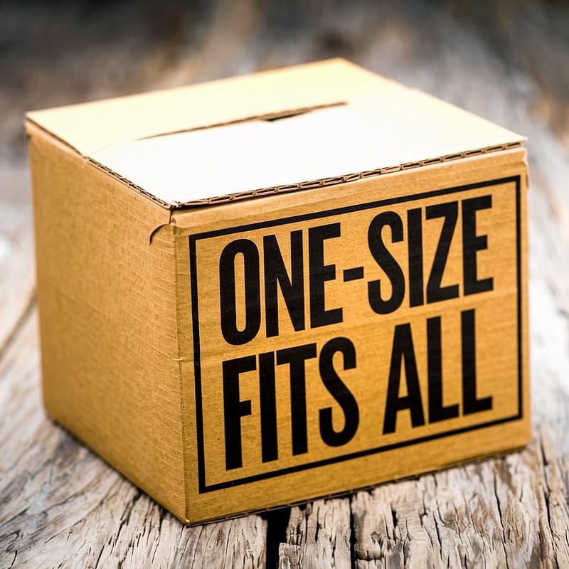 Cardboard box labeled one-size fits all.