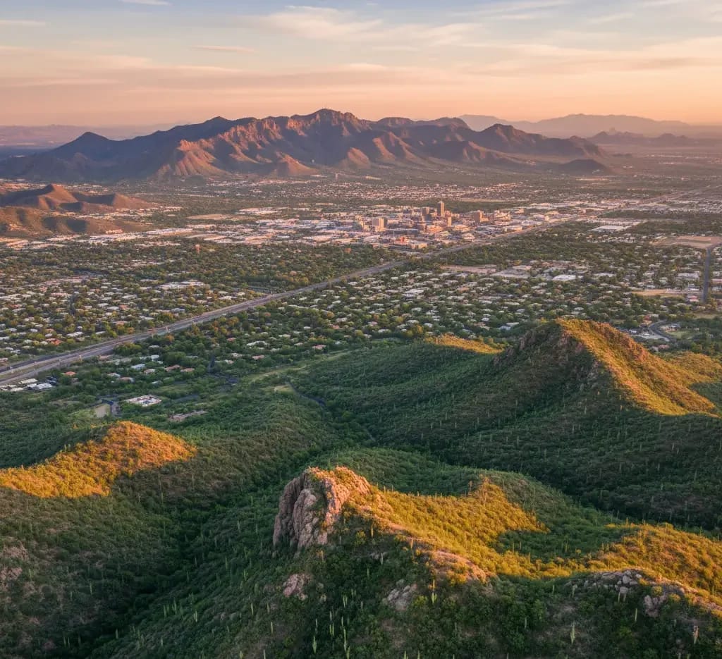 Aerial view of a city surrounded by desert and mountains at sunset, with green hills and scattered vegetation in the foreground.