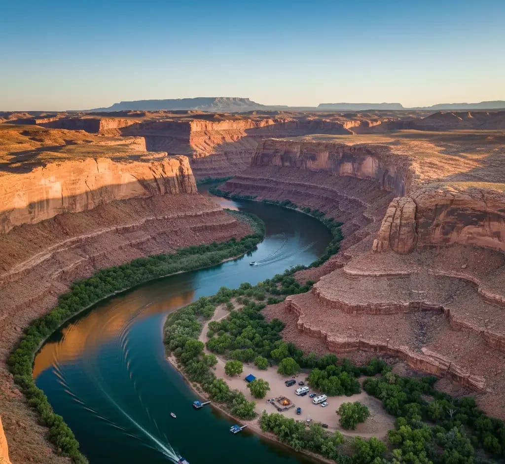 A winding river flows through a deep, red rock canyon with a boat leaving a wake; parked vehicles and green trees are visible along the riverbank under a clear blue sky.