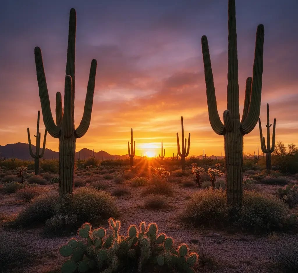 Tall saguaro cacti stand in a desert landscape at sunset, with vibrant orange and purple hues in the sky and low vegetation scattered on the ground.