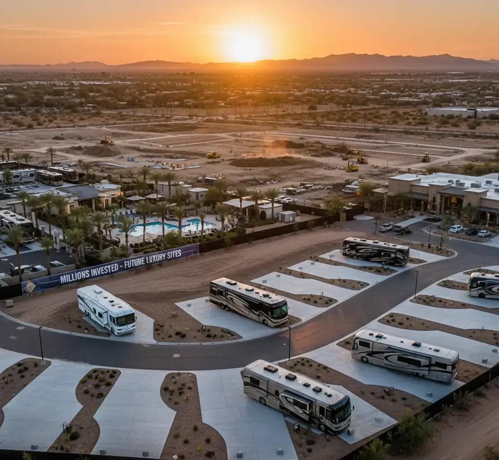 Aerial view of an RV resort at sunset, featuring parked RVs, a pool, and a construction area with a sign reading "Millions Invested - Future Luxury Sites.