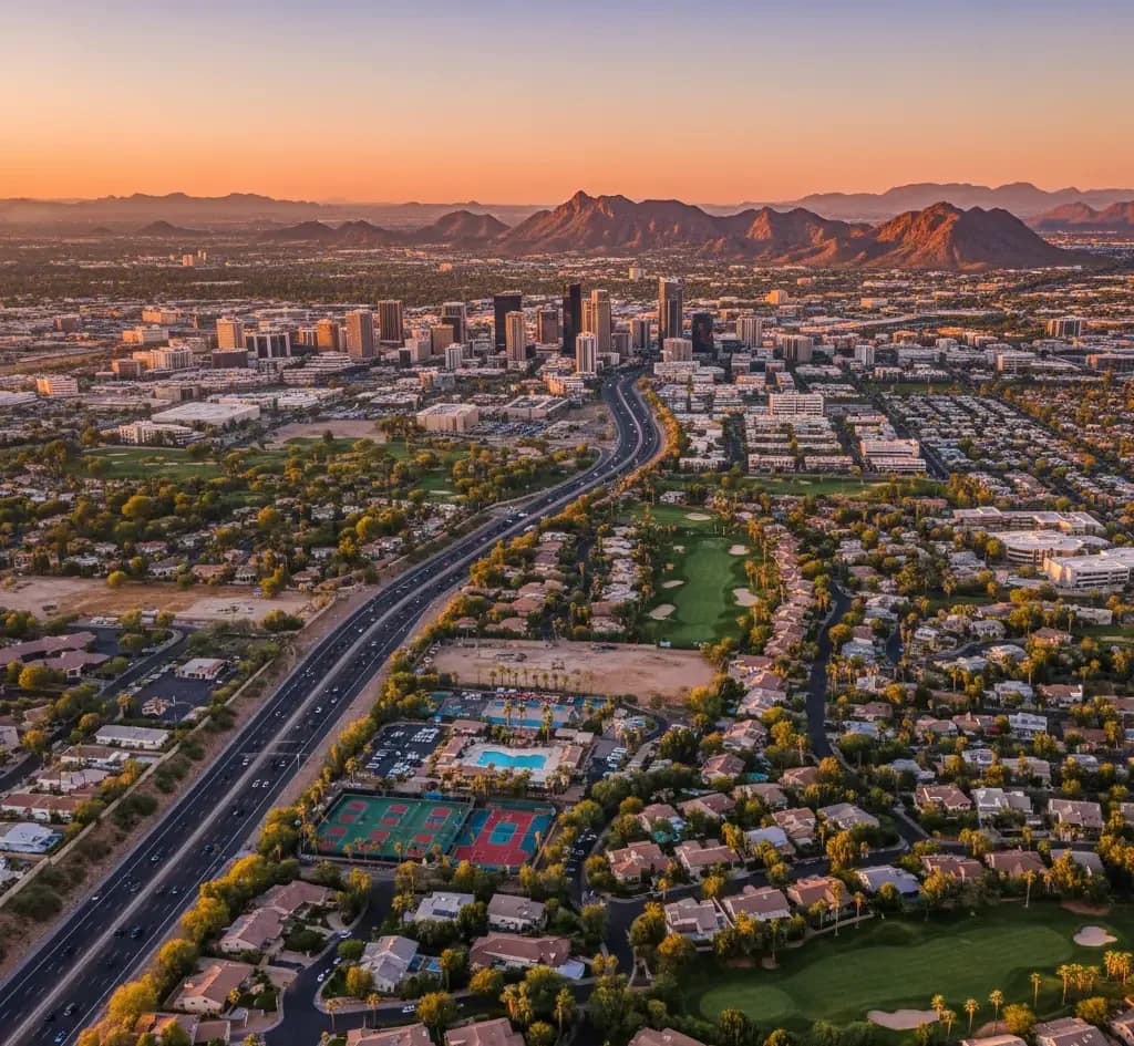 Aerial view of a cityscape at sunset with a highway, residential neighborhoods, tennis courts, and mountains in the background.