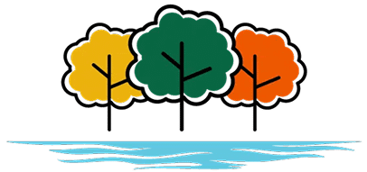 Three stylized trees in yellow, green, and orange stand side by side behind blue water, representing different seasons or types of foliage.