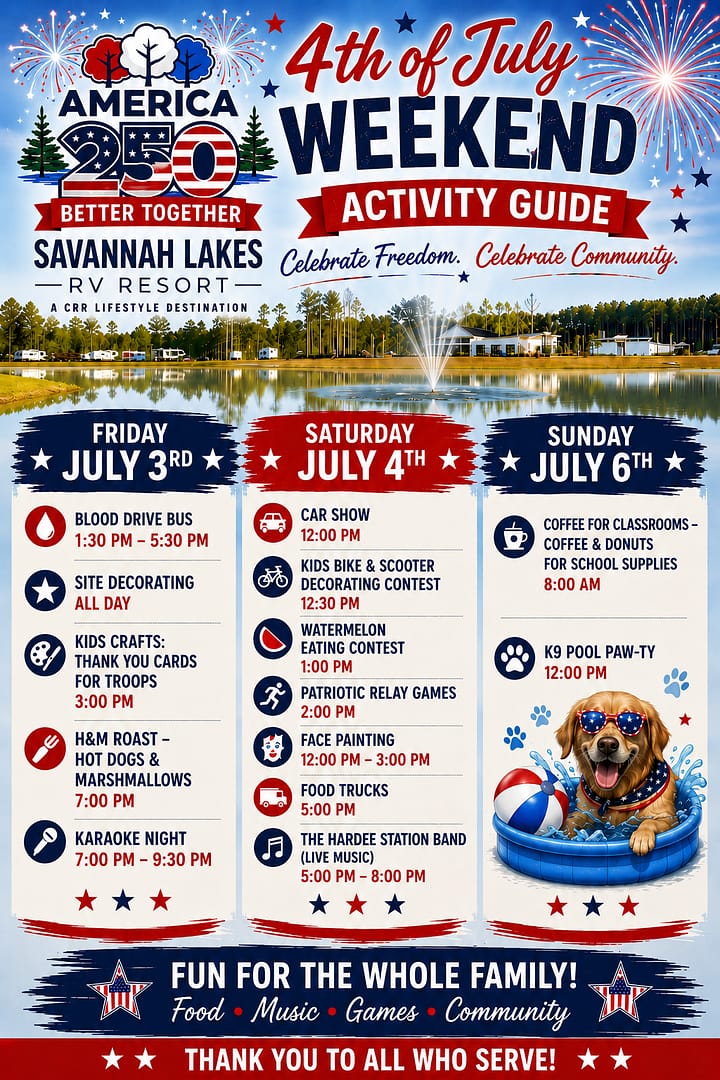 A colorful poster lists Savannah Lakes RV Resort’s 4th of July Weekend events, including food, games, contests, and fireworks, with patriotic decorations and an image of a dog in a pool.