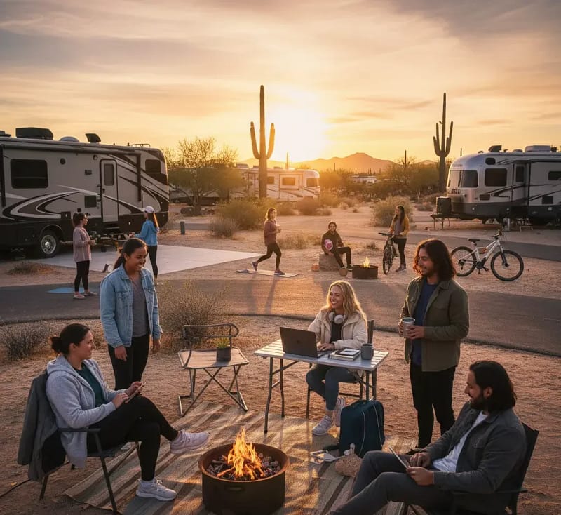 A group of people sit and stand around a fire pit and table at an RV campground at sunset, with RVs, cacti, and mountains in the background.