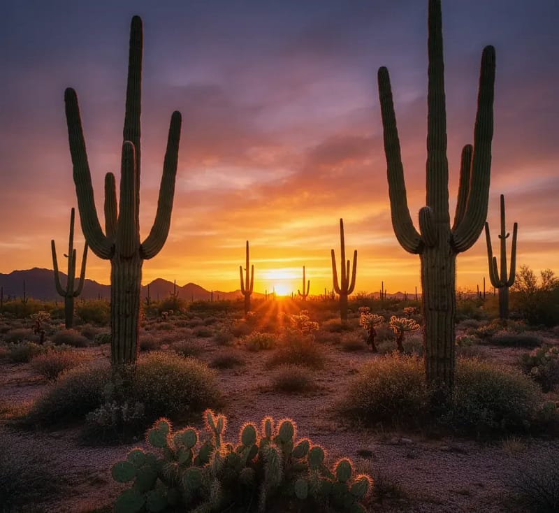 Tall saguaro cacti stand in a desert landscape at sunset, with vibrant orange and purple hues in the sky and low vegetation scattered on the ground.