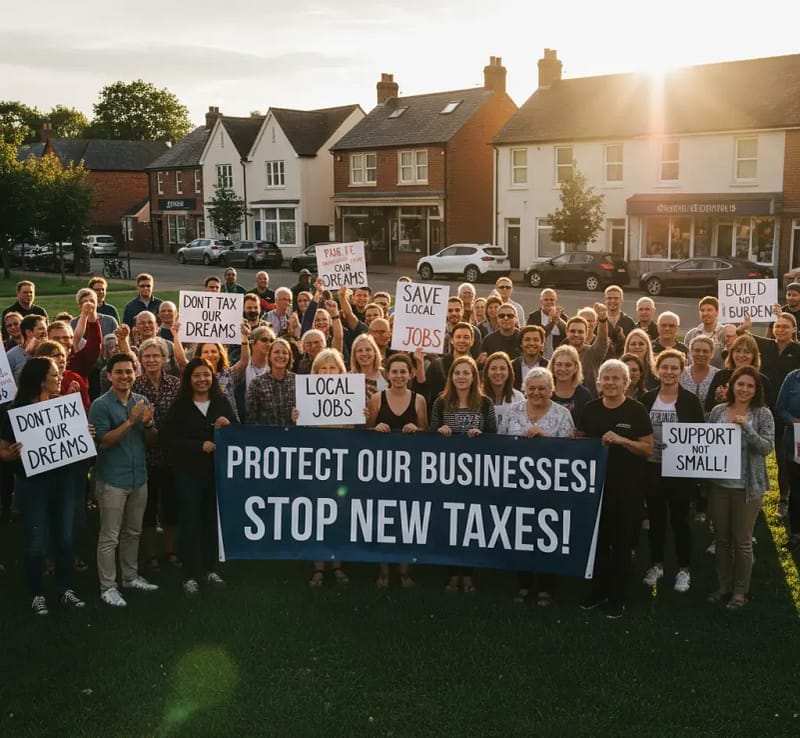 A large group of people stand outdoors holding signs protesting new taxes, with a main banner reading "Protect Our Businesses! Stop New Taxes!" in front of shops and houses.
